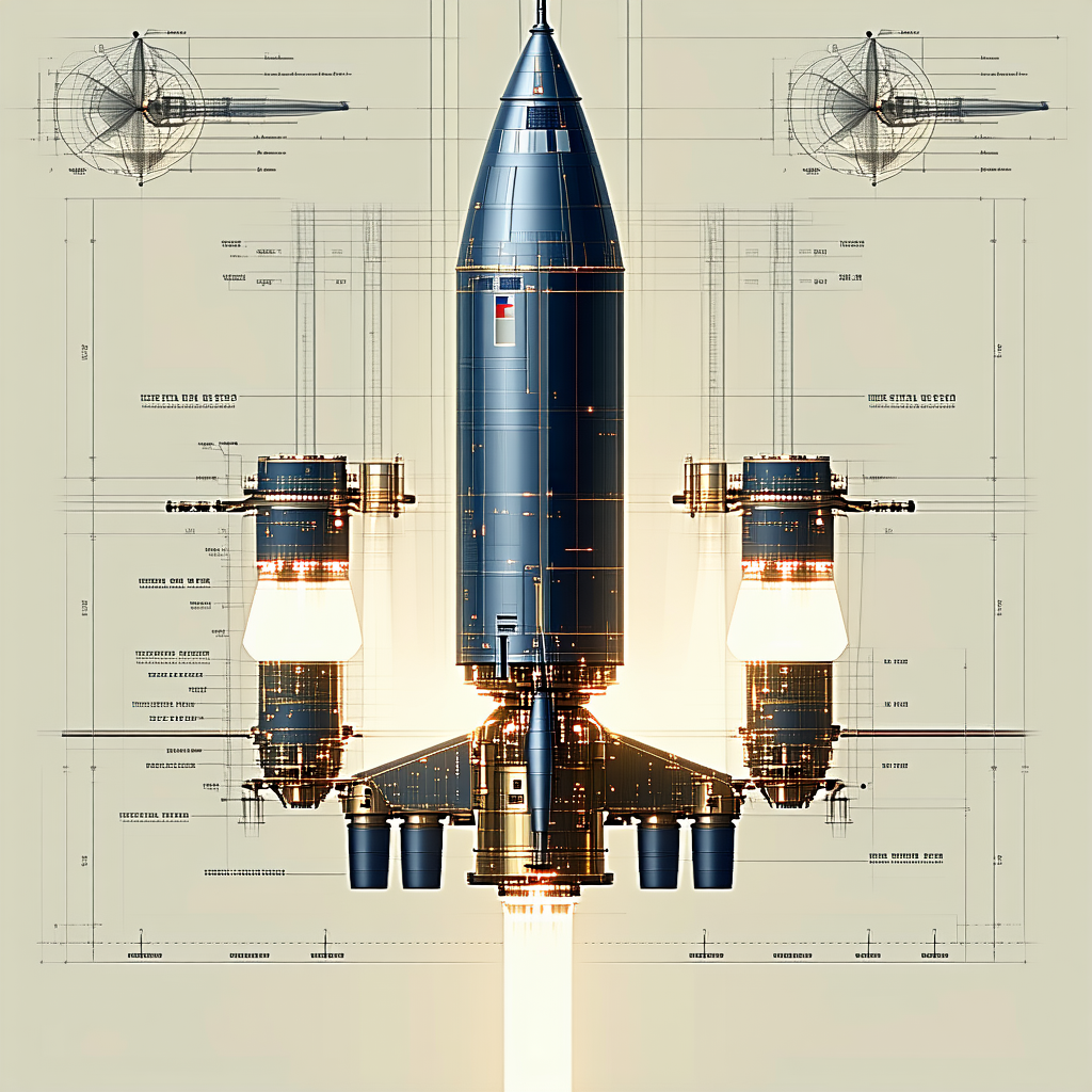 A Rocket Ship Is Shown In A Drawing, With Its Engine And Booster On Display