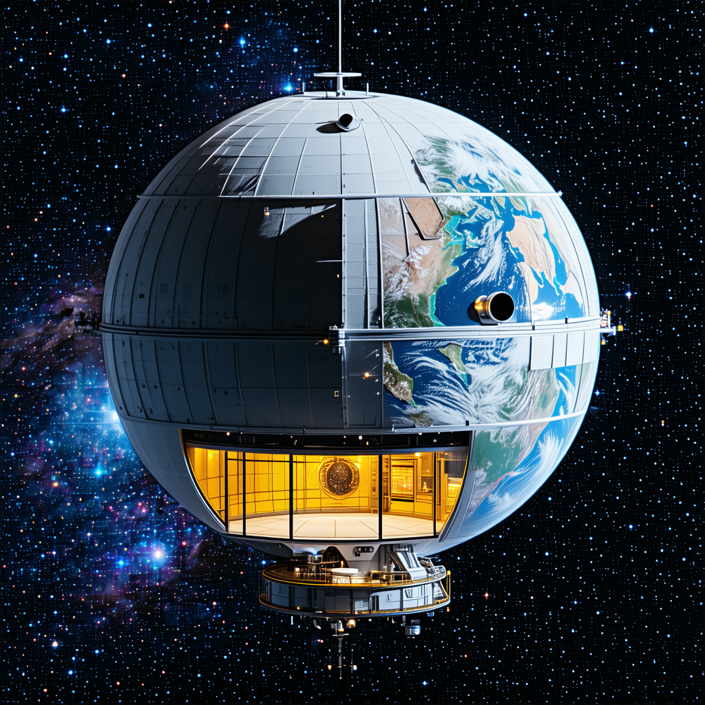 A Large, Round, White Structure With A Dome On Top Is Floating In The Sky