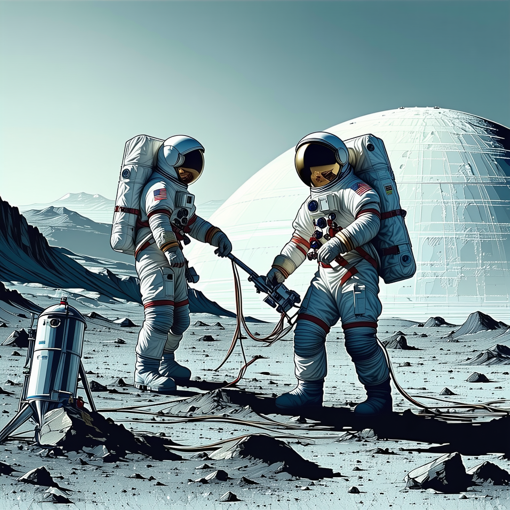 In The Image, There Are Two Astronauts Standing On A Rocky Surface, Possibly On The Moon