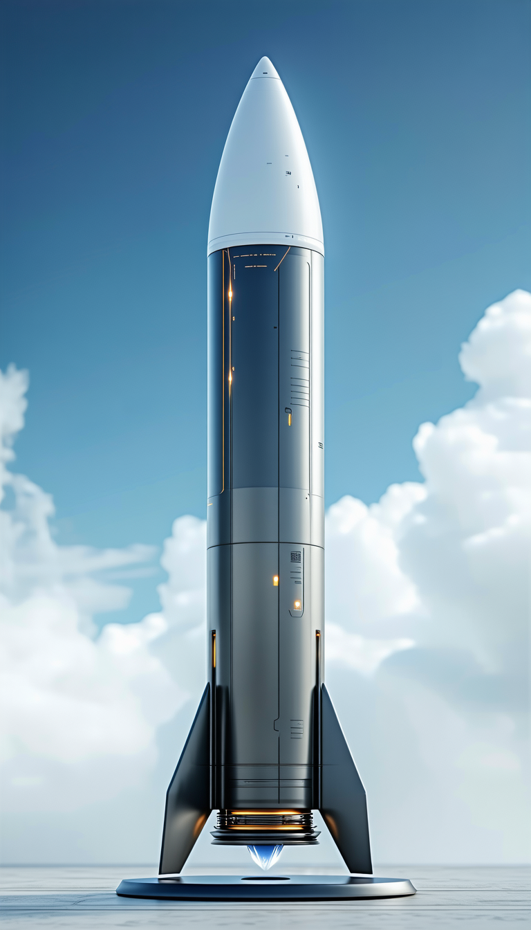 A Rocket Is Shown In A Blue Sky, With A Cloudy Background