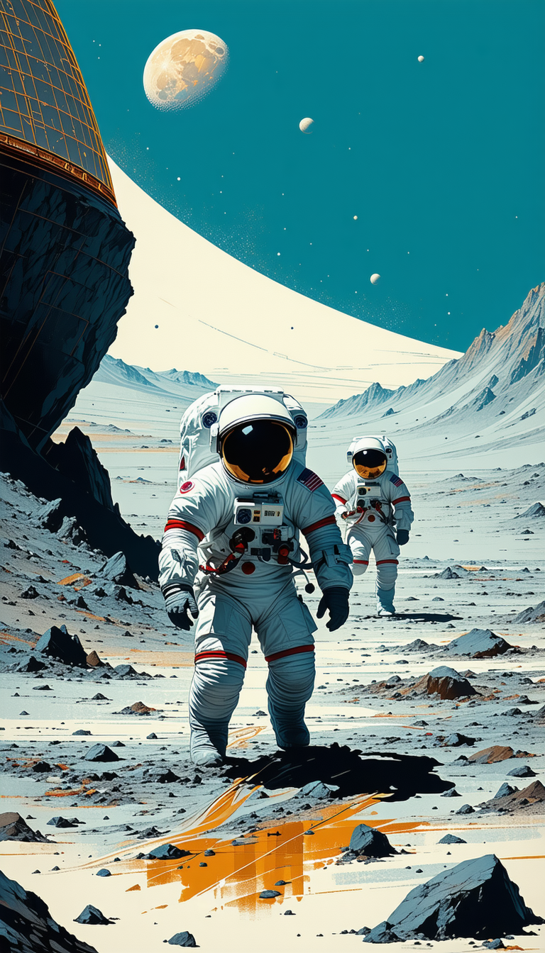 In The Image, There Are Two Astronauts Walking On A Rocky Surface, Possibly On The Moon