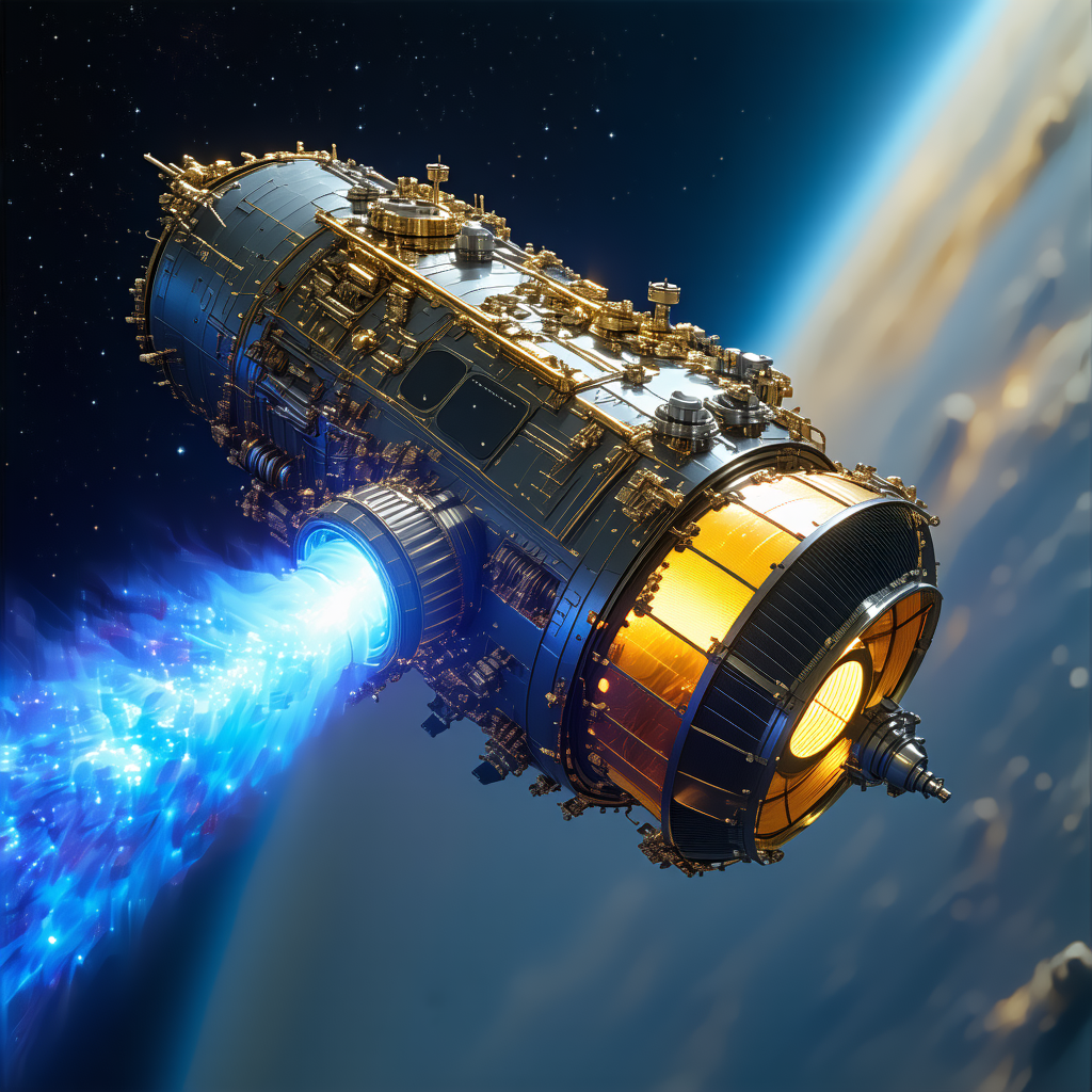 A Large Spacecraft Is Flying Through The Air, With A Bright Blue Light Emanating From Its Underside