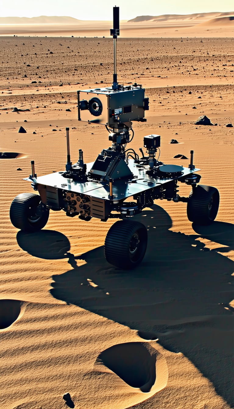 A Large Robotic Vehicle, Possibly A Rover, Sitting On A Sandy Surface