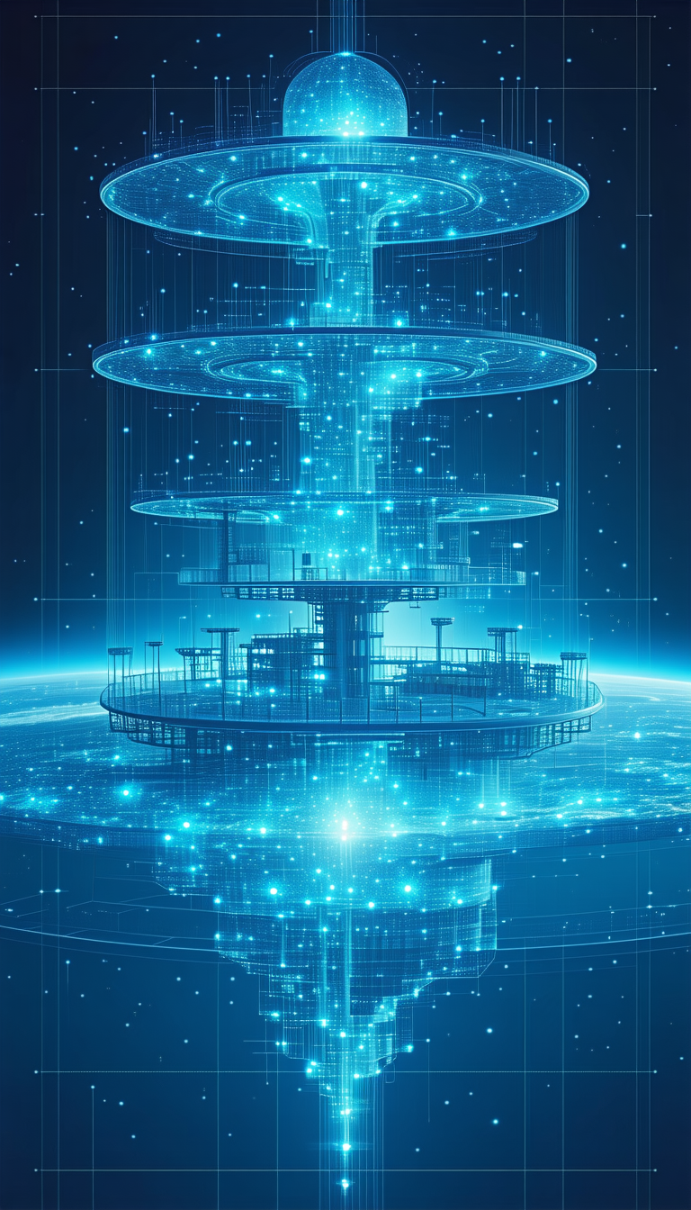 A Futuristic Space Station With A Large, Blue, And Glowing Structure At Its Center