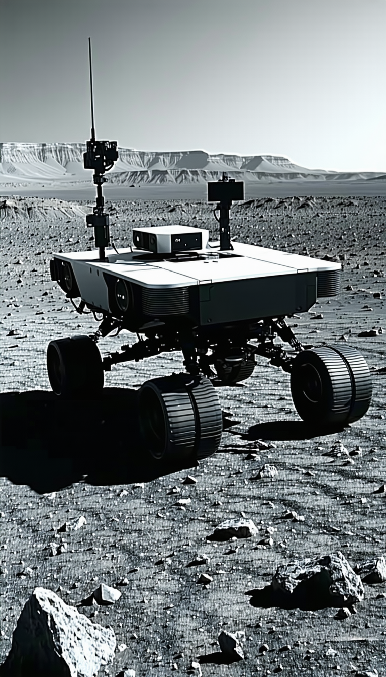 A White Robotic Vehicle, Possibly A Rover, Sitting On A Rocky Surface