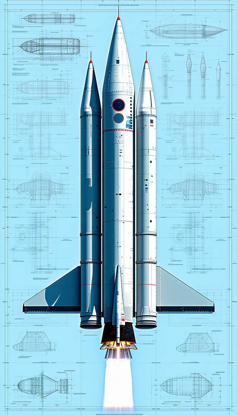 A Large White Rocket Ship Is Shown In A Blue Drawing
