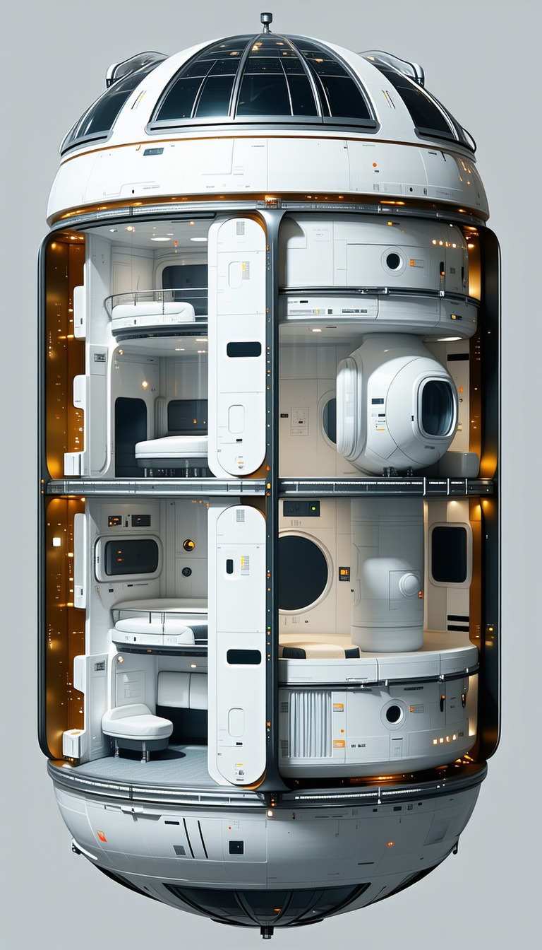 In The Image, There Is A Large White Spacecraft With A Circular Shape, Resembling A Space Station
