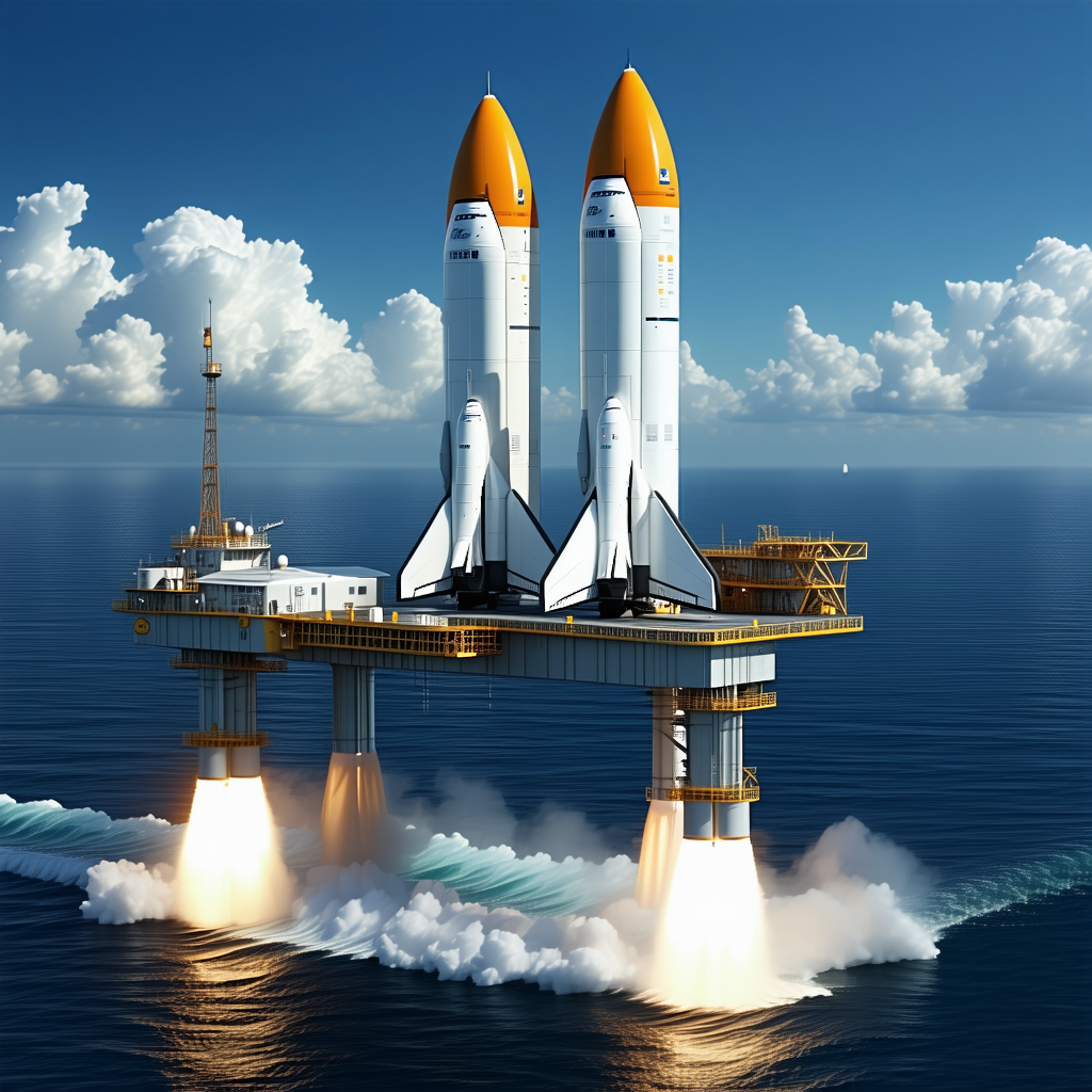 Two Space Shuttles Docked On A Large Platform In The Ocean