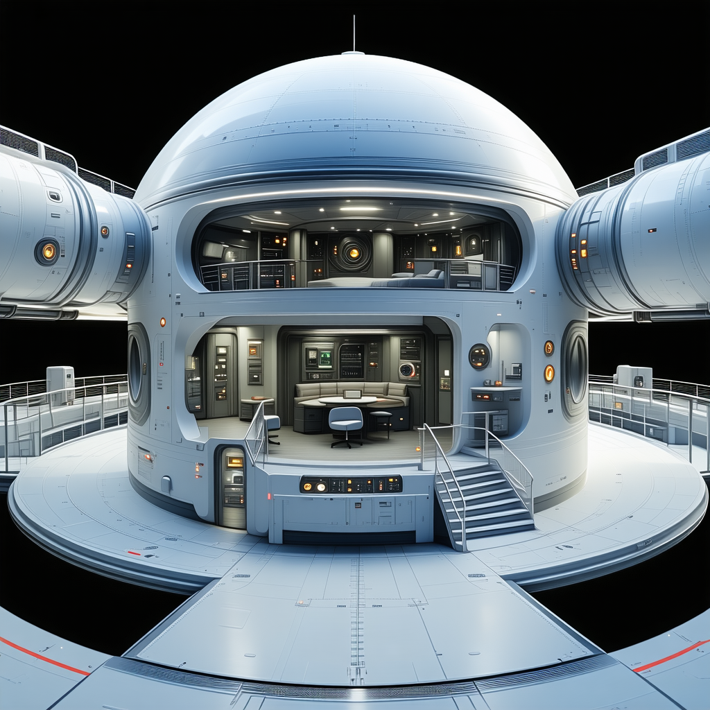 A Futuristic Space Station Is Shown In A Black And White Image