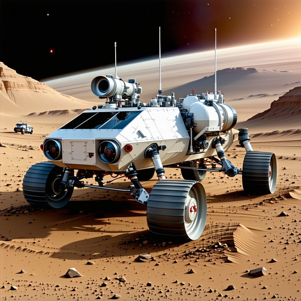 A Futuristic Vehicle Is Parked On A Rocky Surface, With A Large Dome On Top
