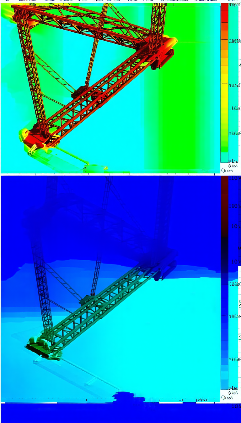 A Large Crane Is Shown In Two Different Colors, One In Blue And The Other In Red