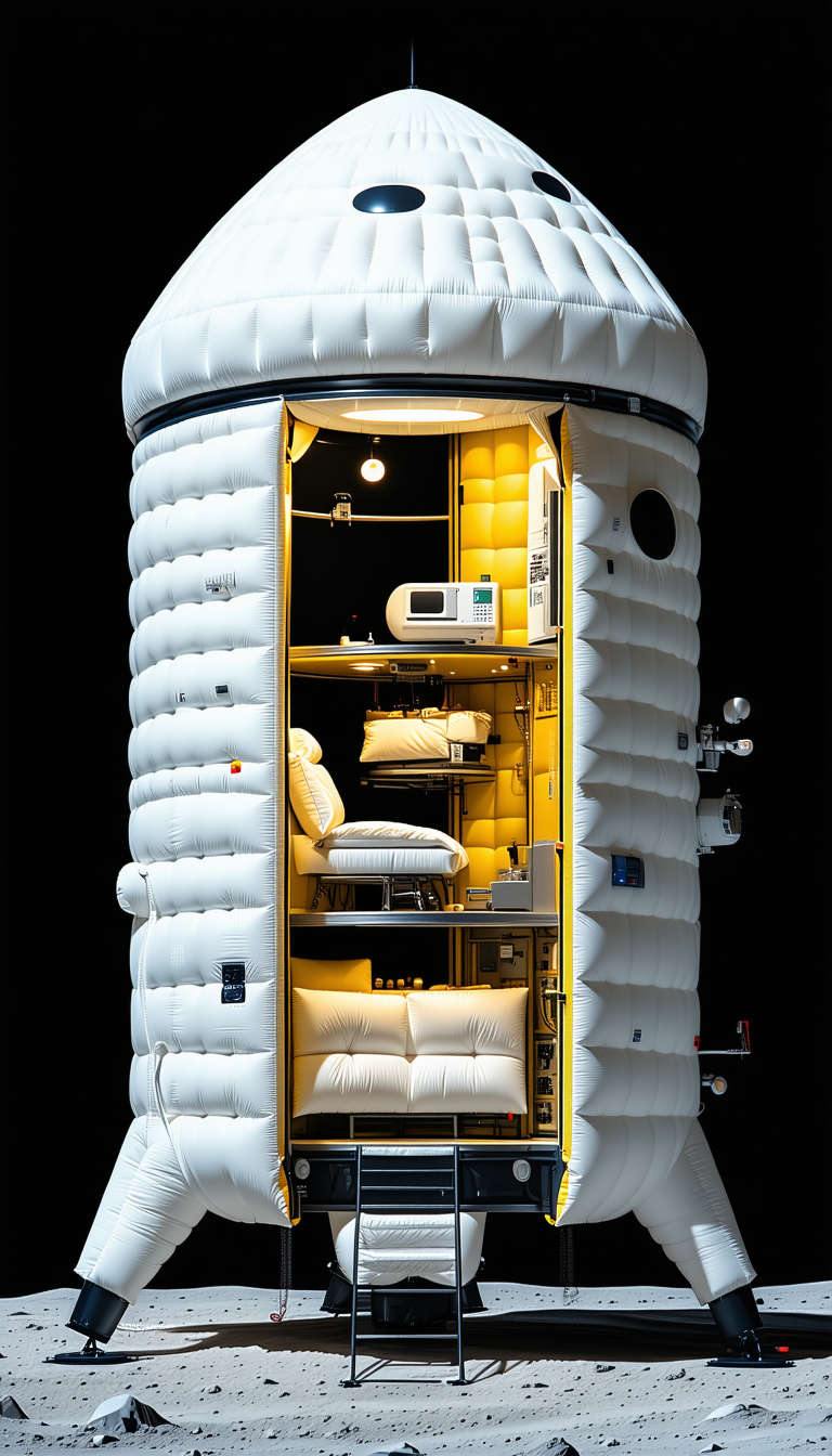 A White And Yellow Space Capsule Is Shown, With A Bed Inside