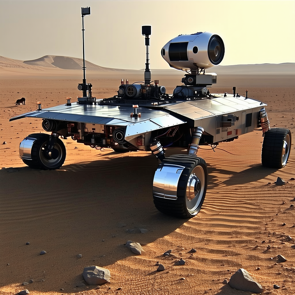A Large, Silver Robotic Vehicle With A Dome-shaped Top, Sitting On A Sandy Surface
