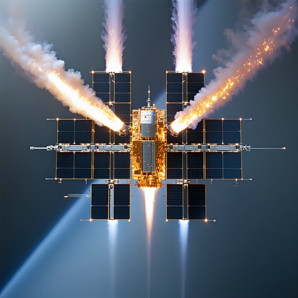 A Space Shuttle With Its Engines On, Flying Through The Sky