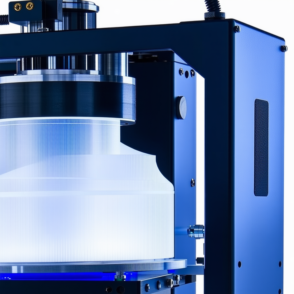 A Large Blue Machine Is Sitting On A White Surface