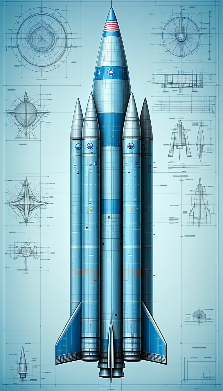 A Blue Rocket Ship Is Shown In A Blueprint Drawing