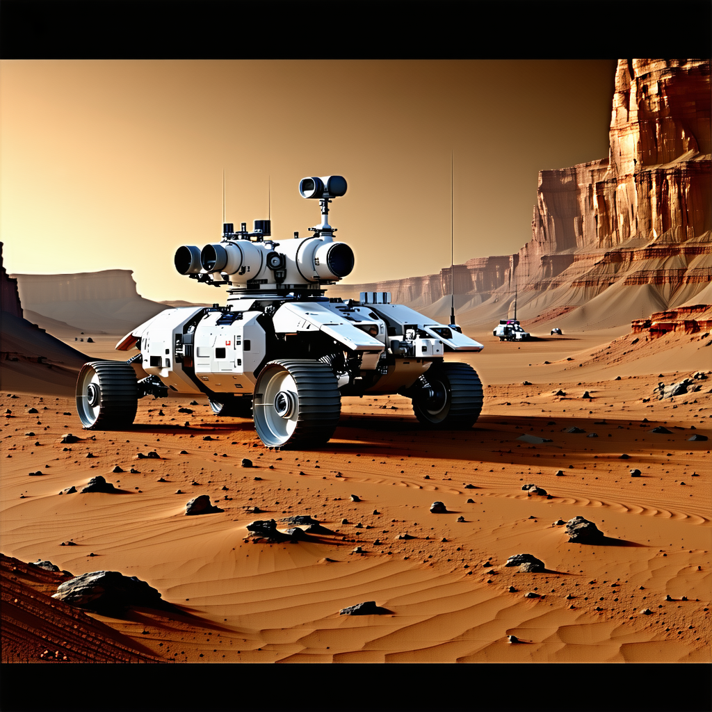 A Futuristic Vehicle, Possibly A Tank Or A Rover, Parked On A Dirt Road In A Desert-like Environment