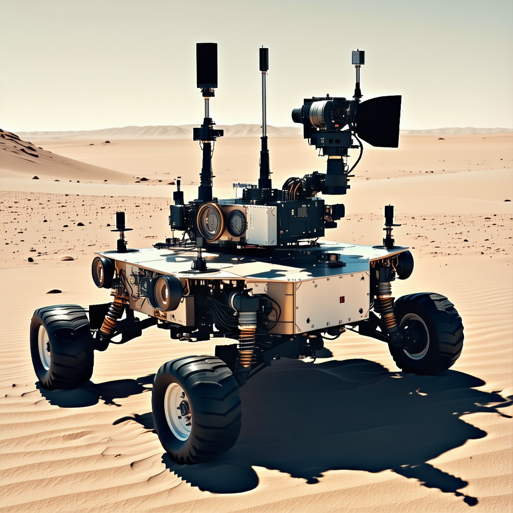 A Large Robotic Vehicle With A Camera On Top, Driving Across A Sandy Terrain