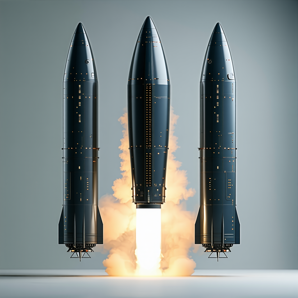 Three Rockets, Each With A Distinct Design, Standing Side By Side