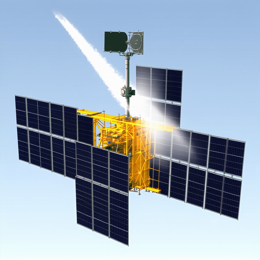 A Yellow Spacecraft Is Shown In A Blue Sky, With A Green Satellite Attached To The Side Of It