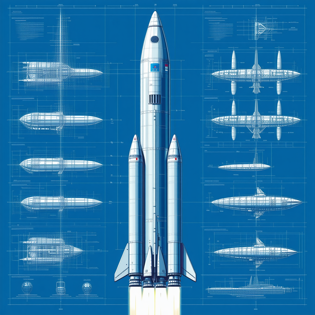 A Space Shuttle Is Shown In A Blue And White Drawing, With A Detailed View Of Its Components