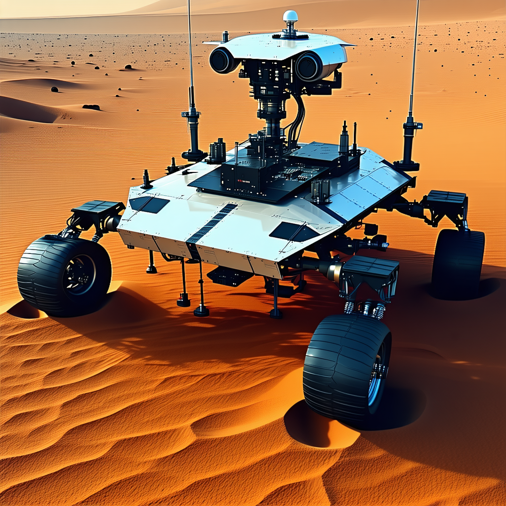 A Large Robotic Vehicle, Possibly A Tank, Sitting In A Desert-like Environment