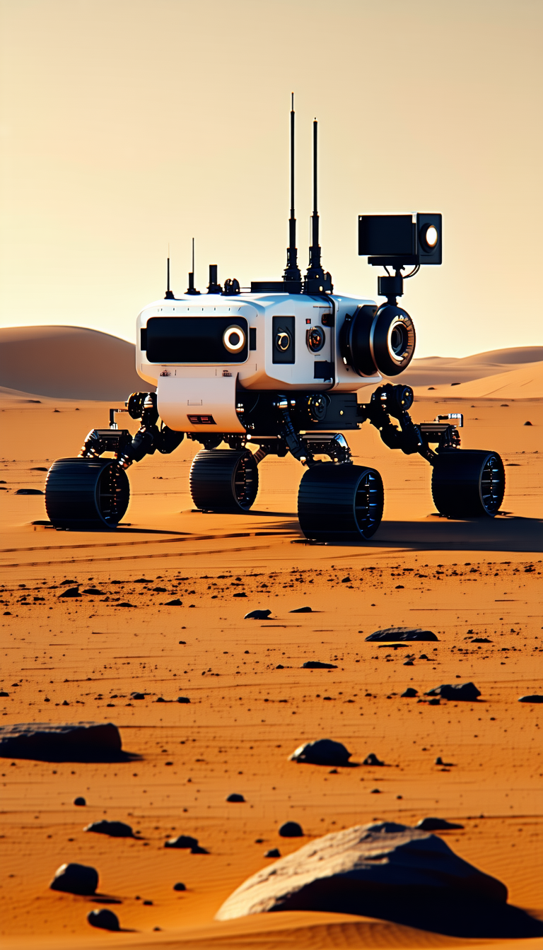 A White Robotic Vehicle With A Large Camera On Its Front, Driving Across A Sandy Terrain