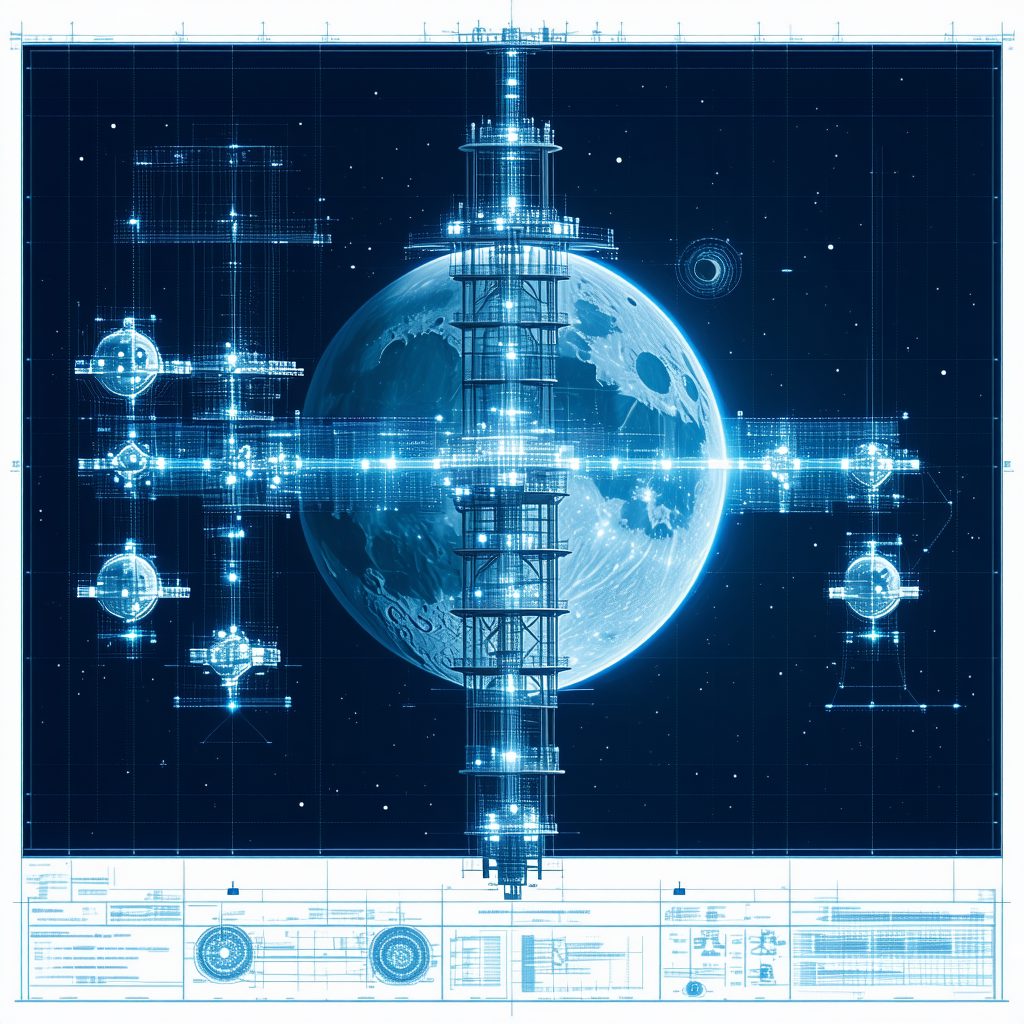 The Image Is A Blue And White Drawing Of A Space Station With A Large Blue Globe In The Center