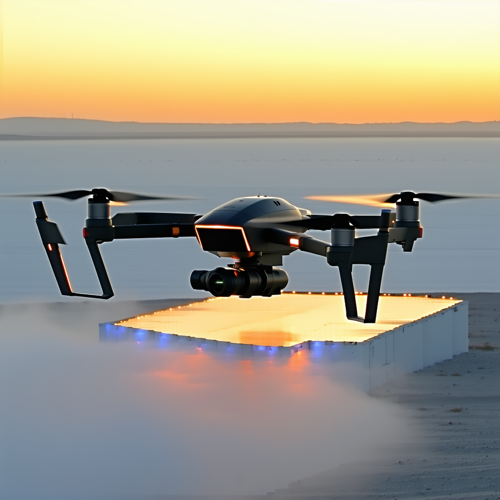 A Large Drone Flying Over A White Surface, Possibly A Frozen Lake Or A White Table