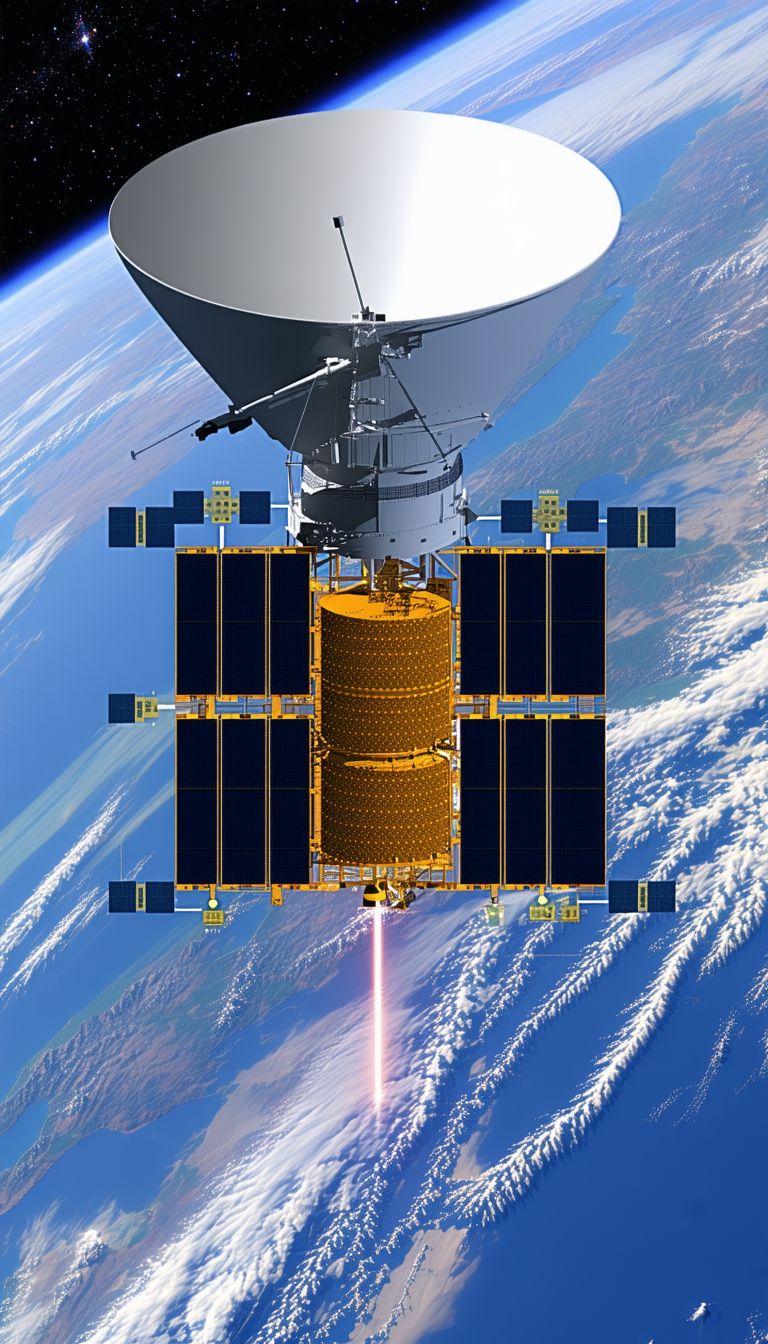 A Spacecraft Is Shown In A Close-up View, With Its Dome-shaped Structure And A Large Antenna