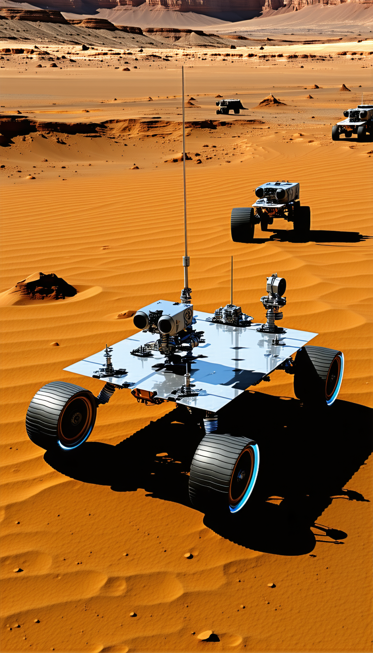A Desert Landscape With Two Robotic Vehicles, Each With A Large Antenna On Top