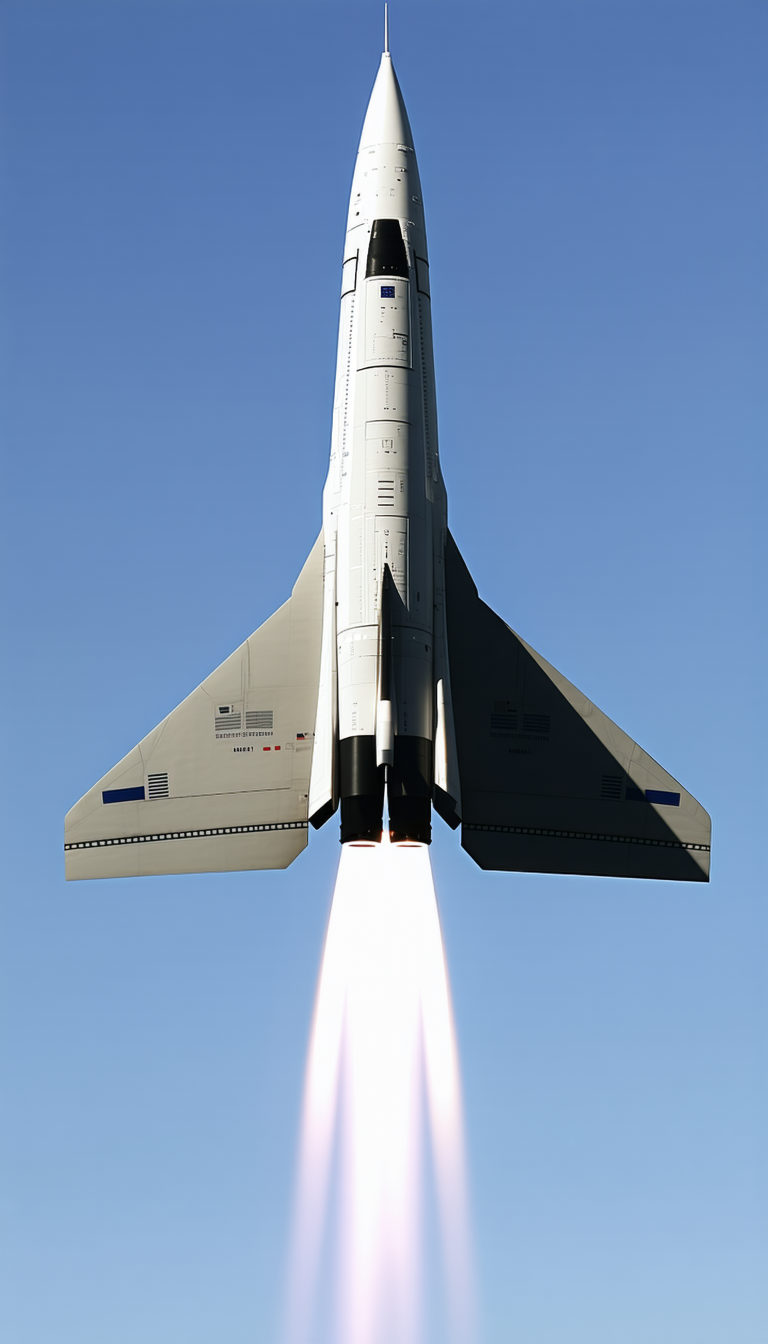 A Space Shuttle Is Flying Through The Sky, With A Long White Rocket Attached To Its Back