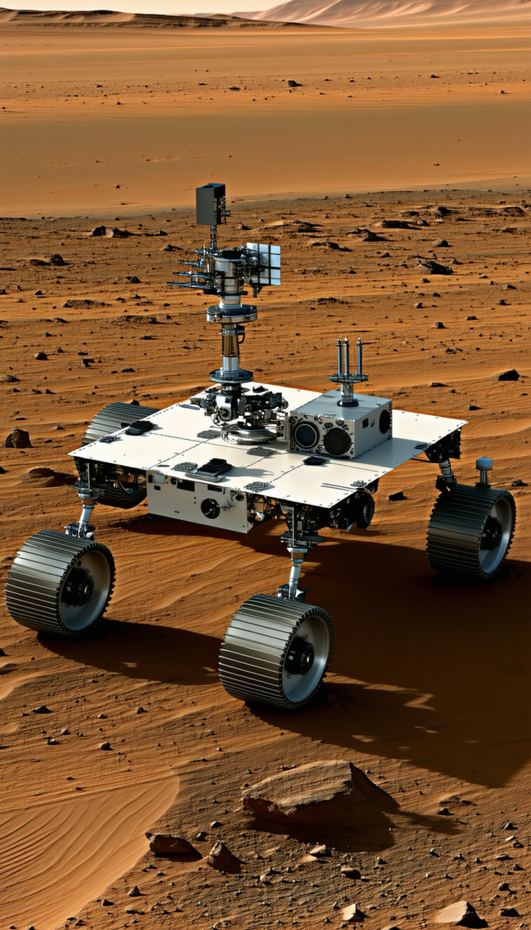A Large Robotic Vehicle, Possibly A Rover, Sitting On A Dirt Surface