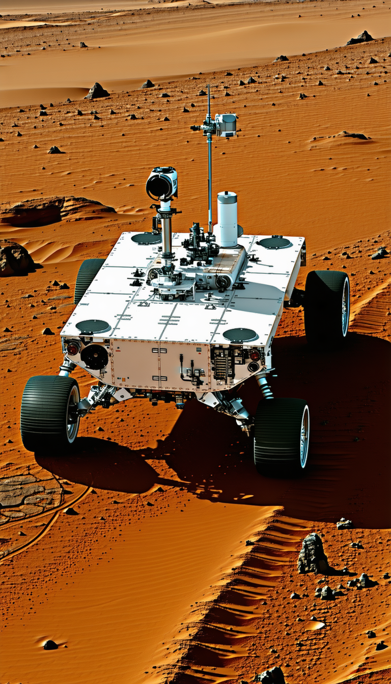 A White And Black Robotic Vehicle, Possibly A Rover, Driving On A Red Dirt Surface
