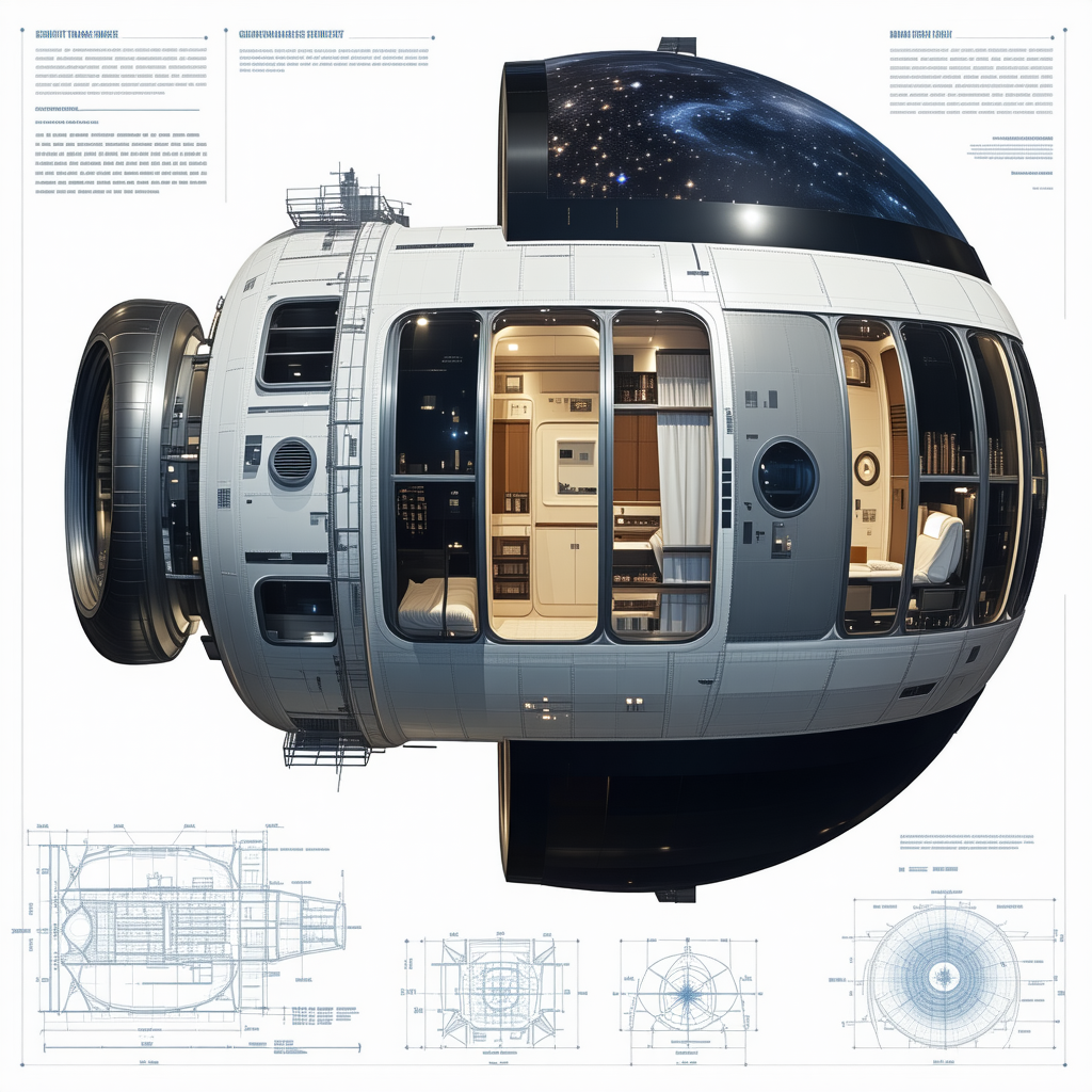 The Image Is A Detailed Drawing Of A Space Station, Showcasing Its Various Components