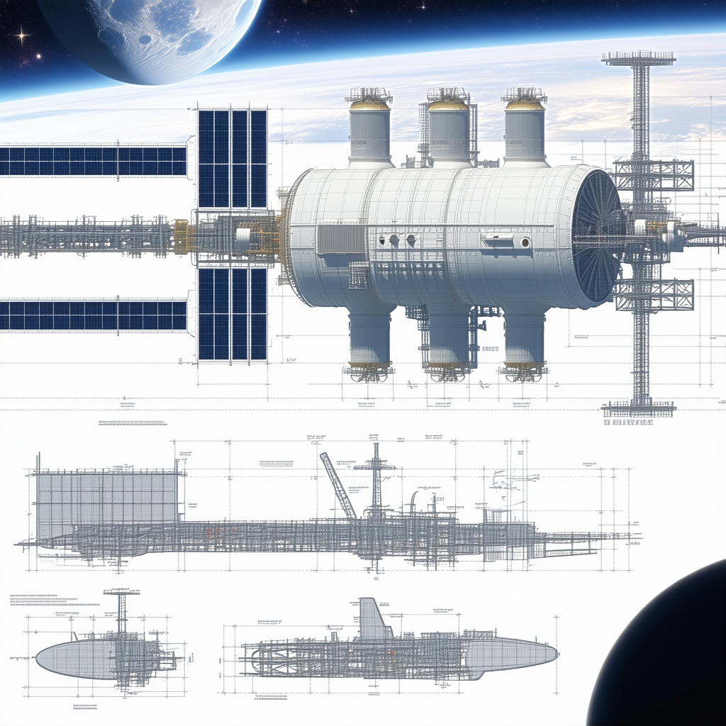 A Space Station Is Shown In A Drawing, With A Large Spacecraft Docked To It