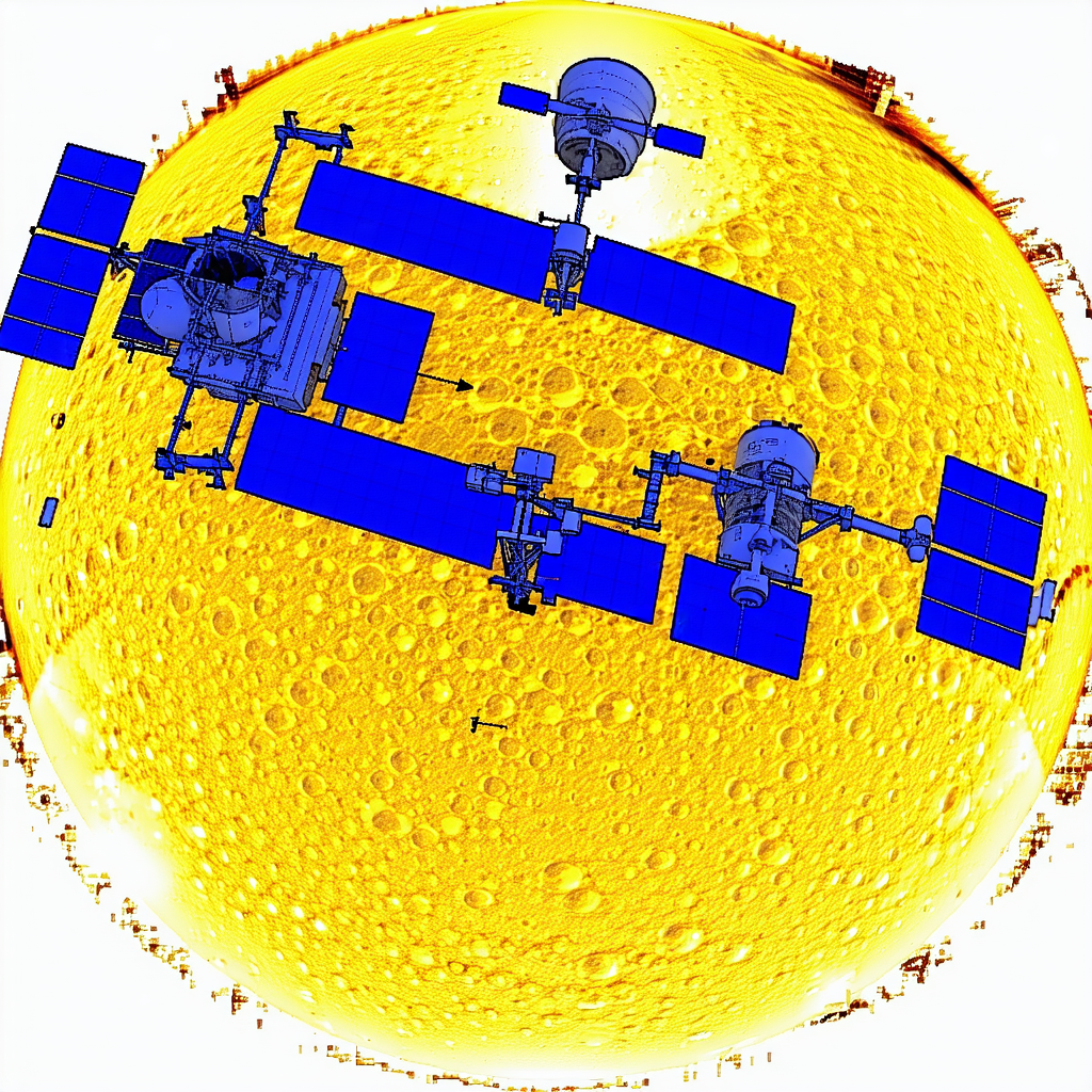 The Image Is A Close-up Of A Spacecraft, Possibly A Satellite, With A Blue And Yellow Color Scheme