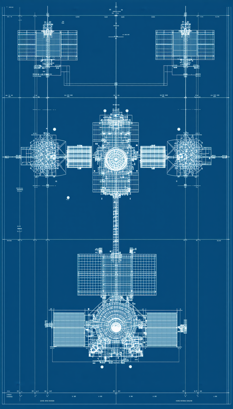 A Blue Drawing Of A Space Station Is Displayed