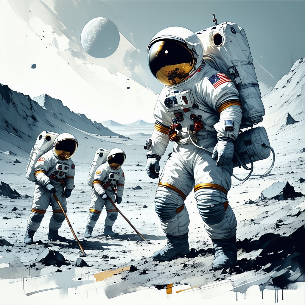 In This Image, There Are Three Astronauts Standing On A Rocky Surface, Possibly On The Moon