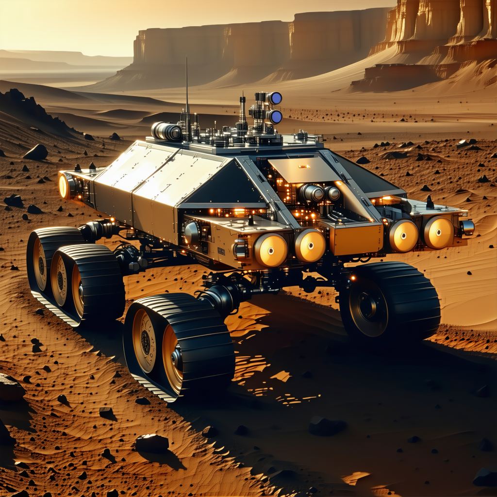 A Futuristic Vehicle, Possibly A Spacecraft Or A Rover, Parked On A Rocky Surface