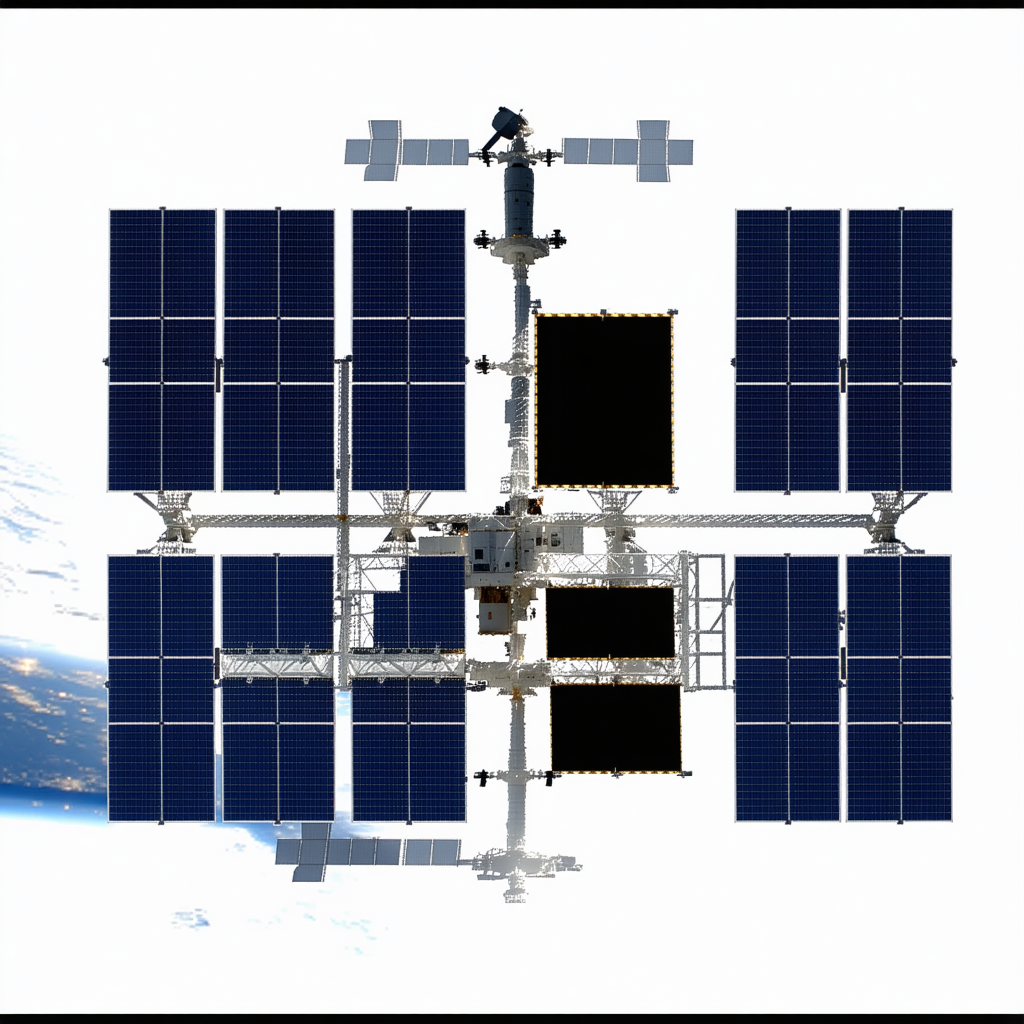 The Image Is A 3d Model Of A Space Station, Showcasing Its Various Components
