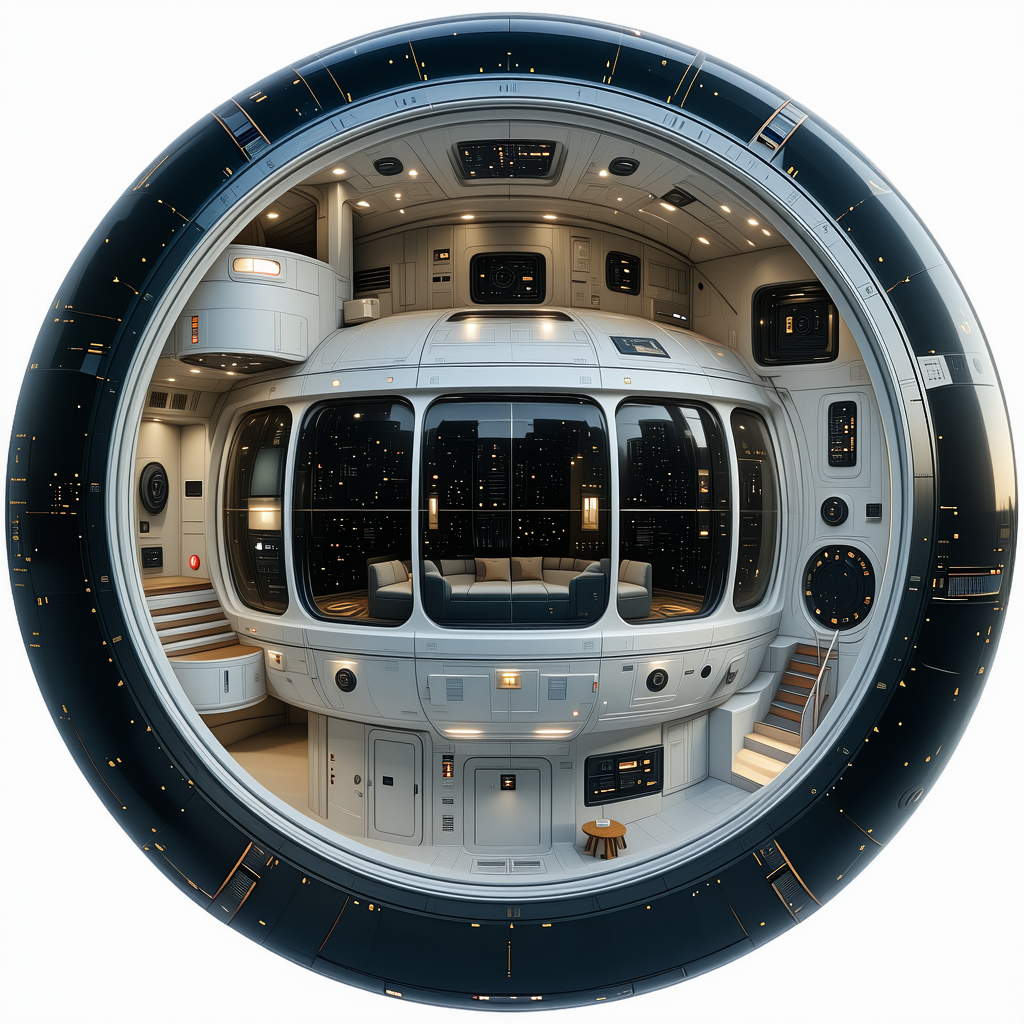 The Image Is A 360-degree View Of A Futuristic Space Station, Showcasing Its Interior
