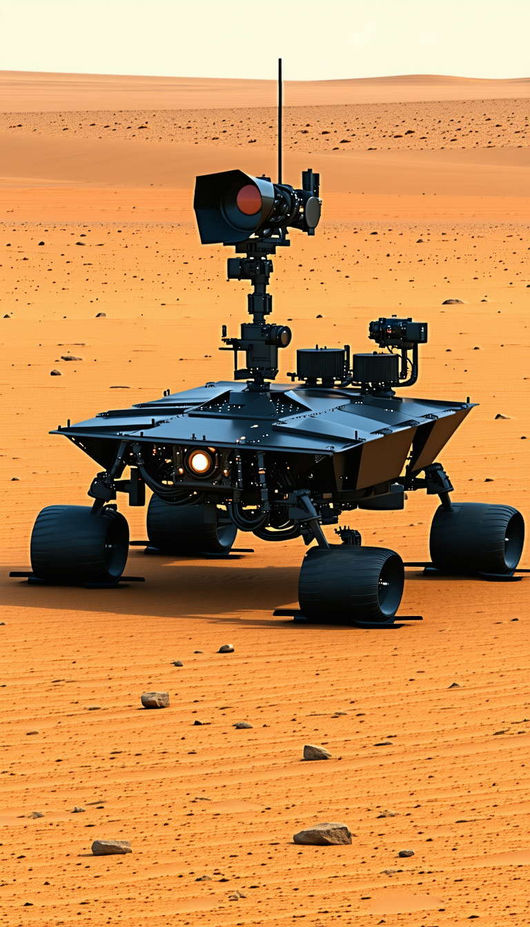 A Large, Black Robotic Vehicle With A Camera On Top, Driving Across A Sandy Terrain