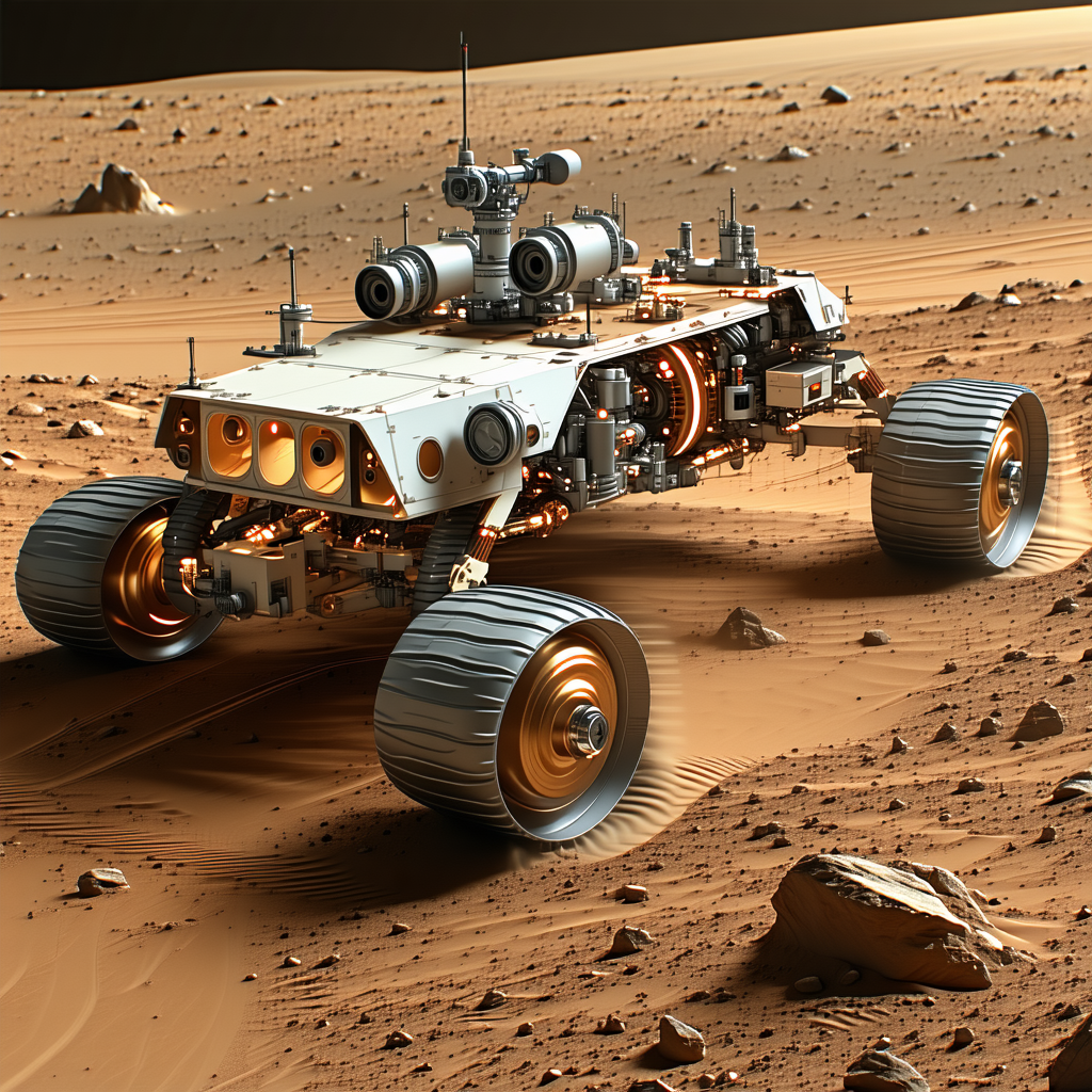 A Futuristic Vehicle, Possibly A Rover Or A Tank, Driving Across A Rocky Terrain