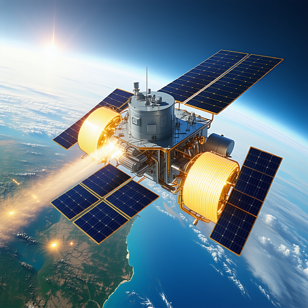 A Spacecraft With A Large Solar Panel On Its Side, Flying Through The Sky
