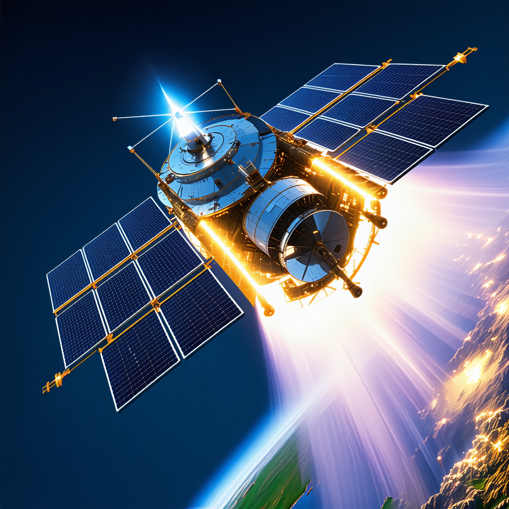 A Spacecraft With A Large Satellite Dish On Top, Flying Through The Sky