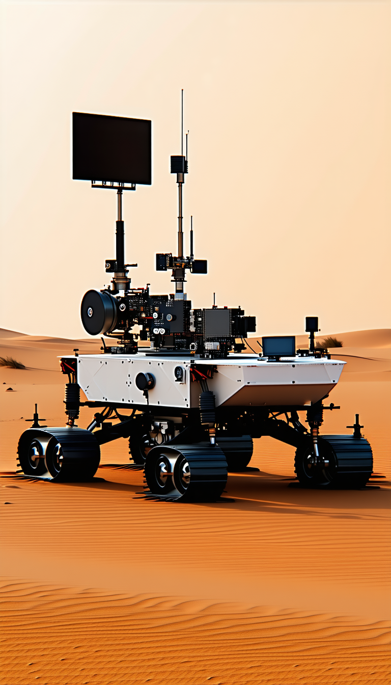 A White Rover Vehicle With A Large Antenna On Top Of It, Driving Across A Desert Landscape
