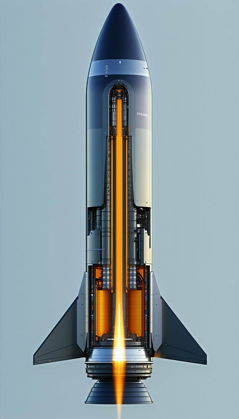 A Rocket Ship Is Shown In A Blue Background, With Its Engine And Fuel System Visible