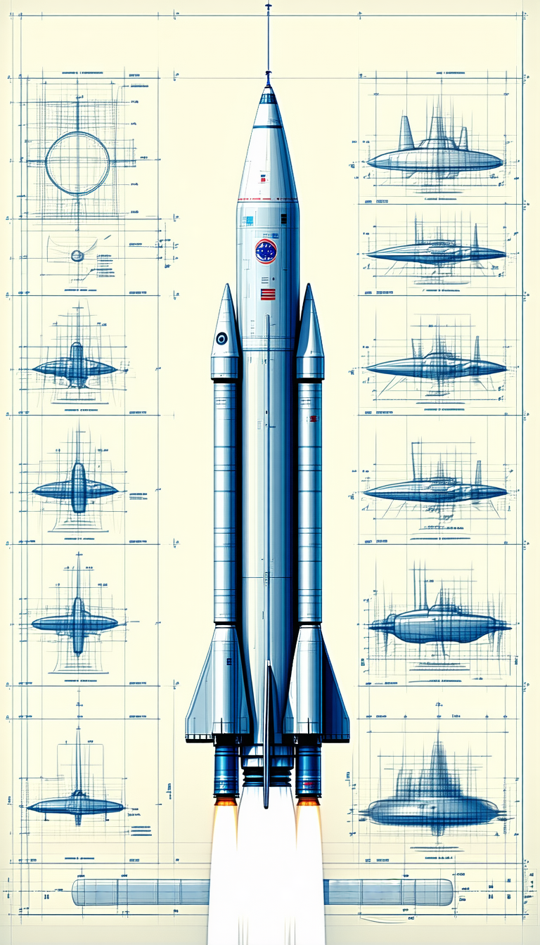 A Blue And White Rocket Ship Is Shown In A Drawing