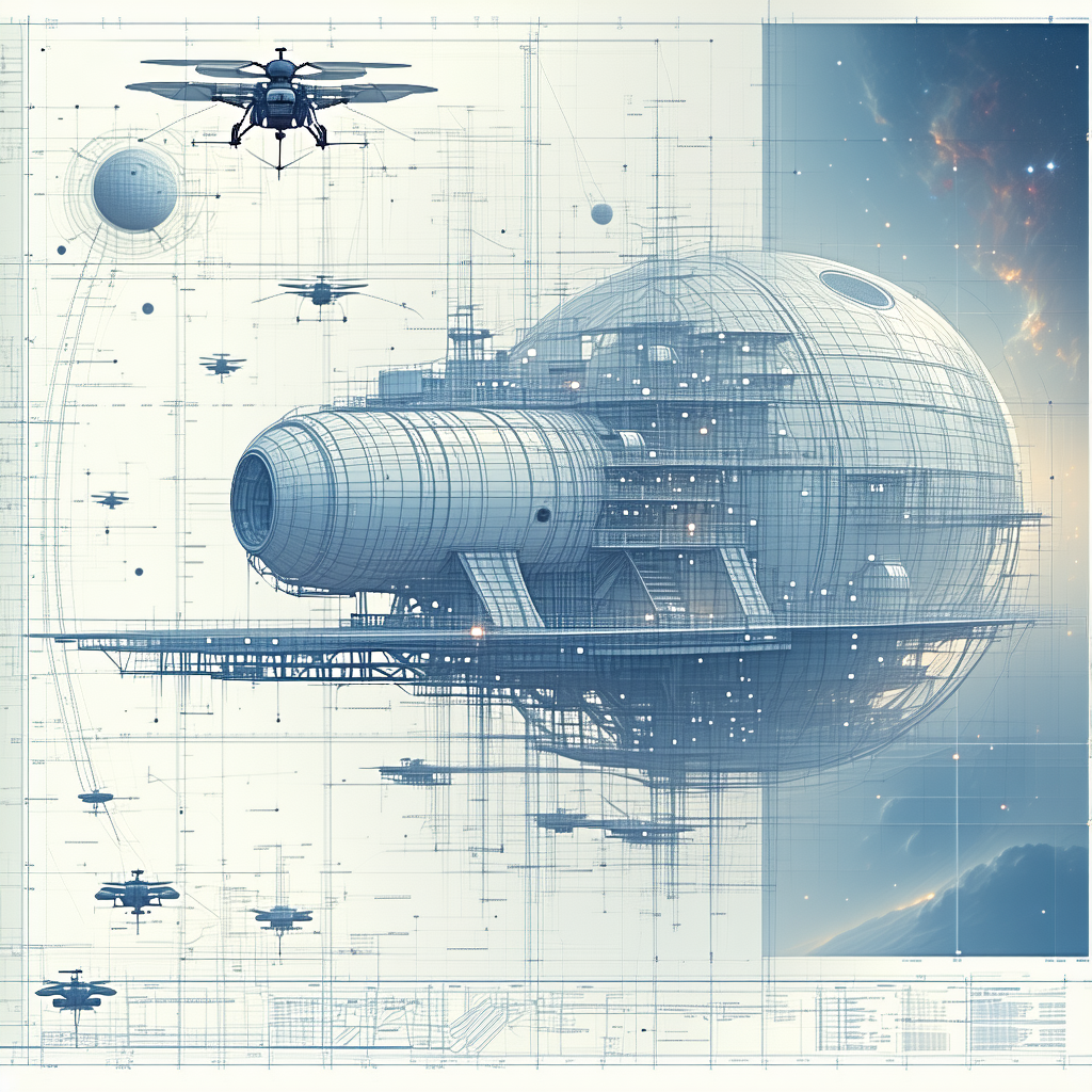 A Futuristic Spacecraft Is Shown In A Blue And White Drawing